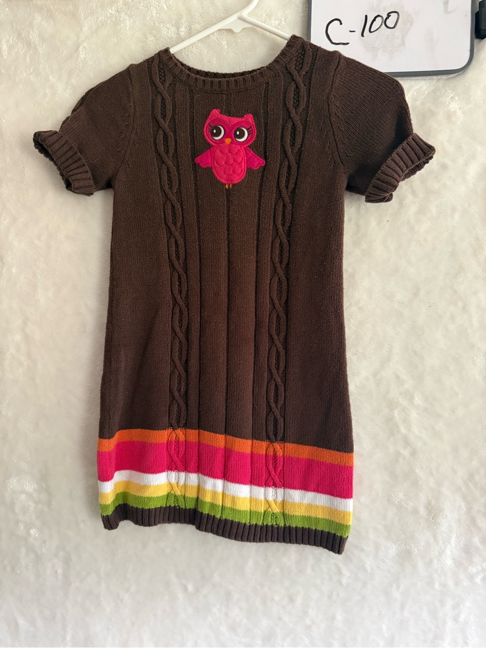 Gymboree Brown Knit Dress with Pink Owl and Multicolor Hem